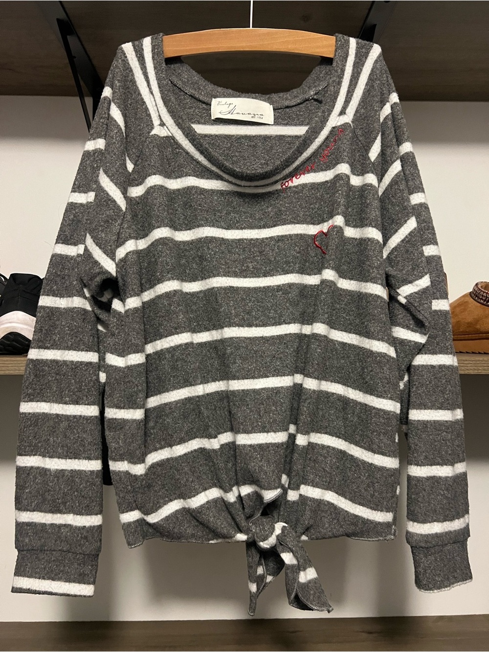 Vintage Havana Gray & White Striped Tie-Front Scoop Neck Sweater